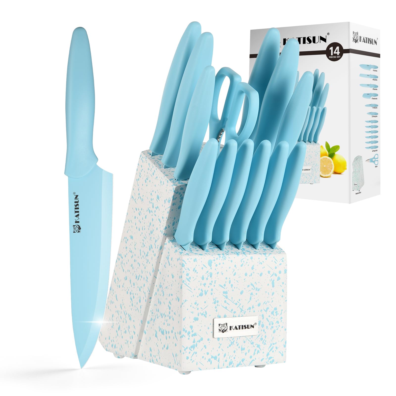 14-Piece Blue Kitchen Knife Set with Block