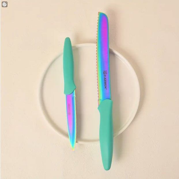 14-Piece Rainbow Kitchen Knife Set with Wooden Stand