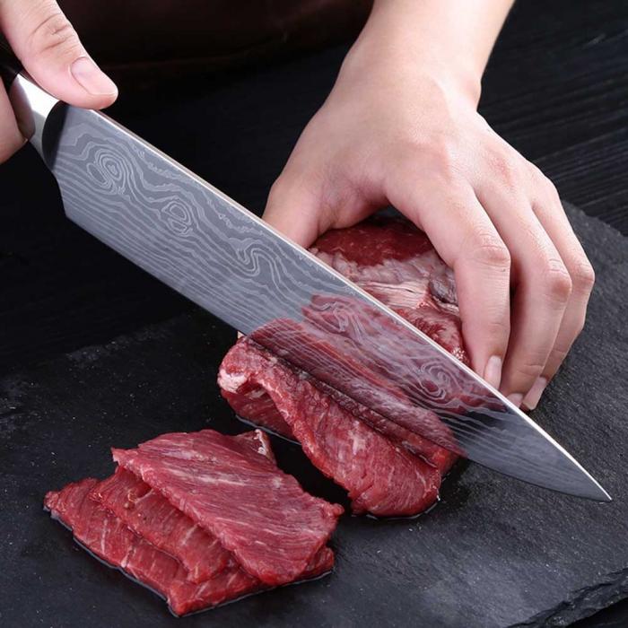 Slicing Knife — Damascus Pattern, 8" 7Cr17 Steel