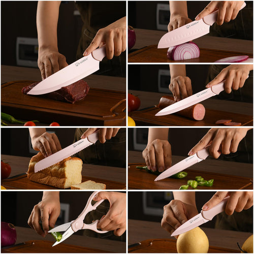 13-Piece Pink Kitchen Knife Set with Blade Guards