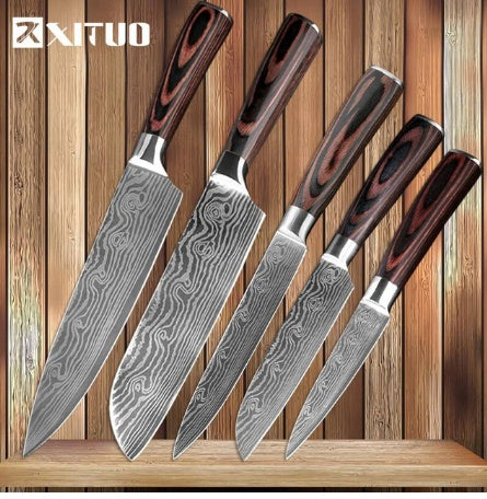 Damascus Pattern Chef Knife — 7Cr17 Steel, Multiple Sizes