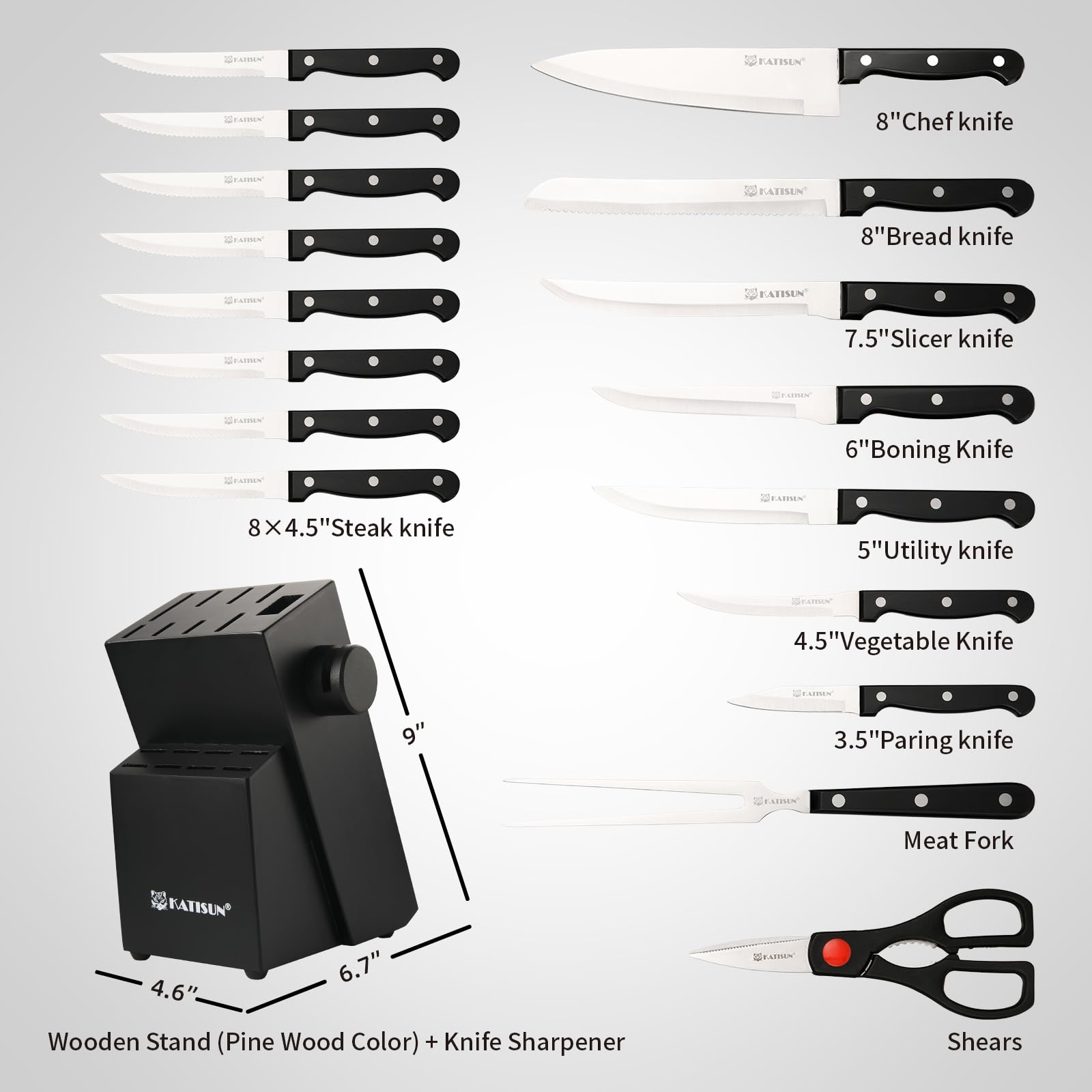 19-Piece German Steel Knife Set with Built-In Sharpener