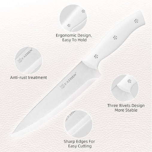 15-Piece White Kitchen Knife Set with Built-In Sharpening Stone