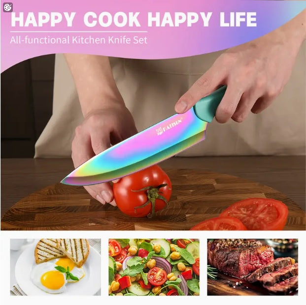 14-Piece Rainbow Kitchen Knife Set with Wooden Stand