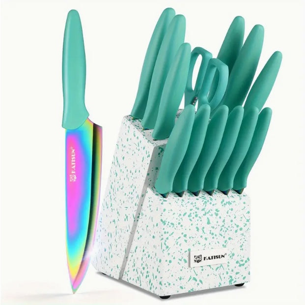 14-Piece Rainbow Kitchen Knife Set with Wooden Stand