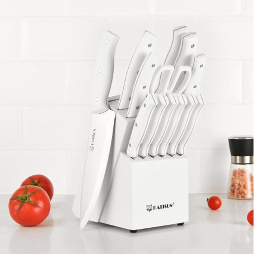 15-Piece White Kitchen Knife Set with Built-In Sharpening Stone