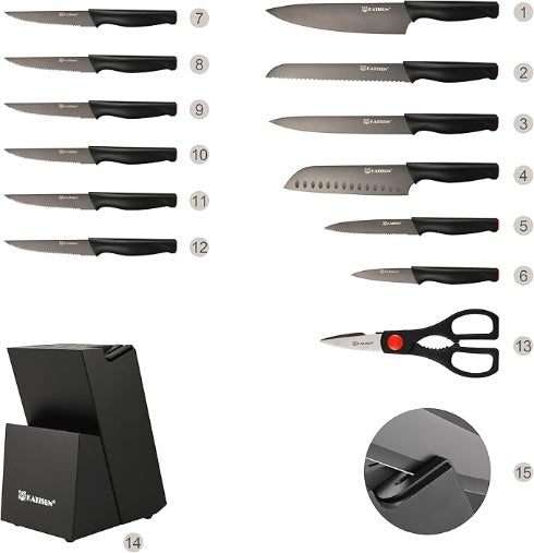 15-Piece German Steel Knife Set with Block & Built-In Sharpener