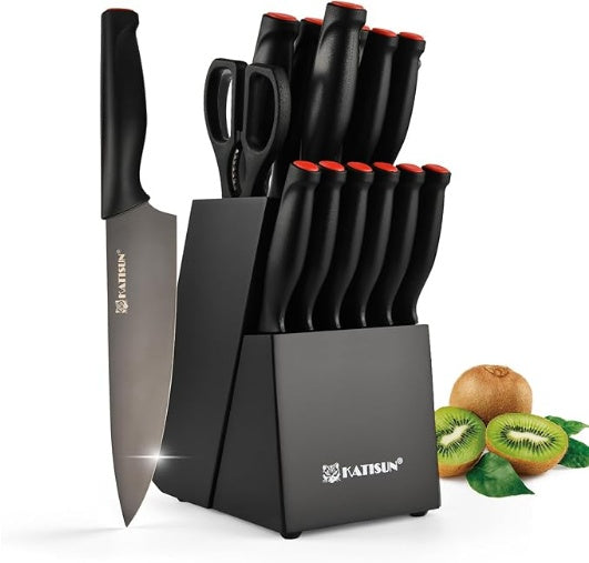 15-Piece German Steel Knife Set with Block & Built-In Sharpener