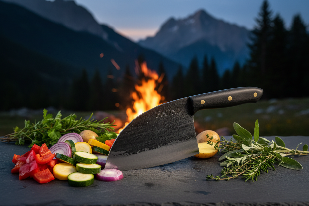 Serbian Chef Knife beside vegetables with campfire glow and mountain scenery