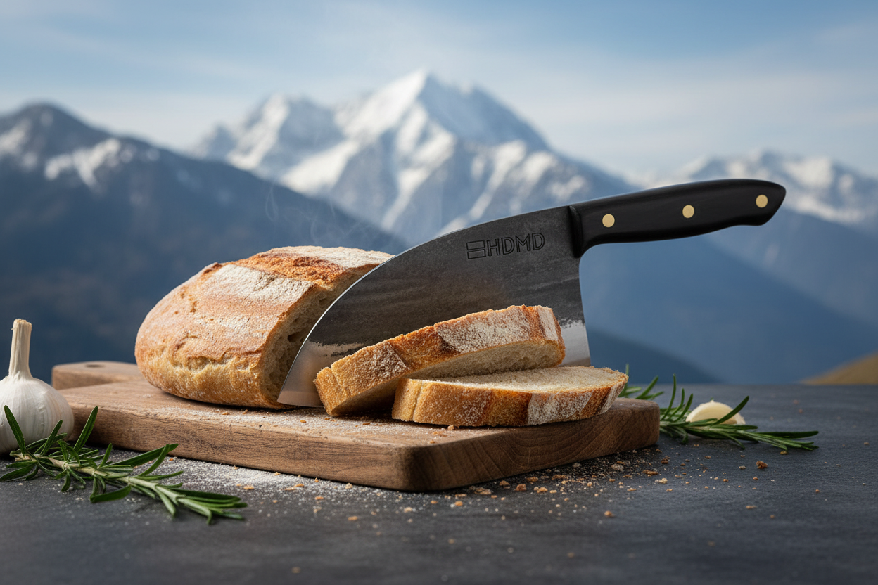 Serbian Chef Knife slicing bread in alpine outdoor setting
