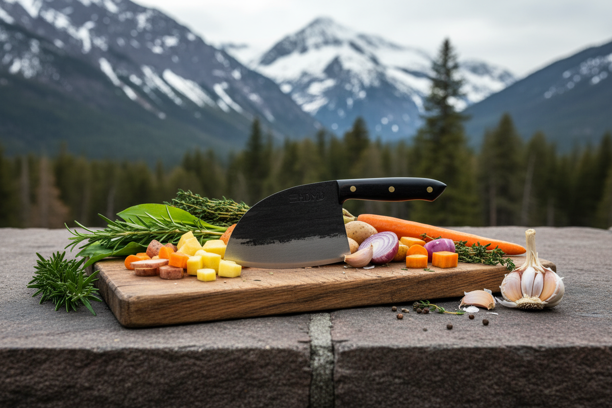 Serbian Chef Knife on rustic wooden board in alpine mountain setting
