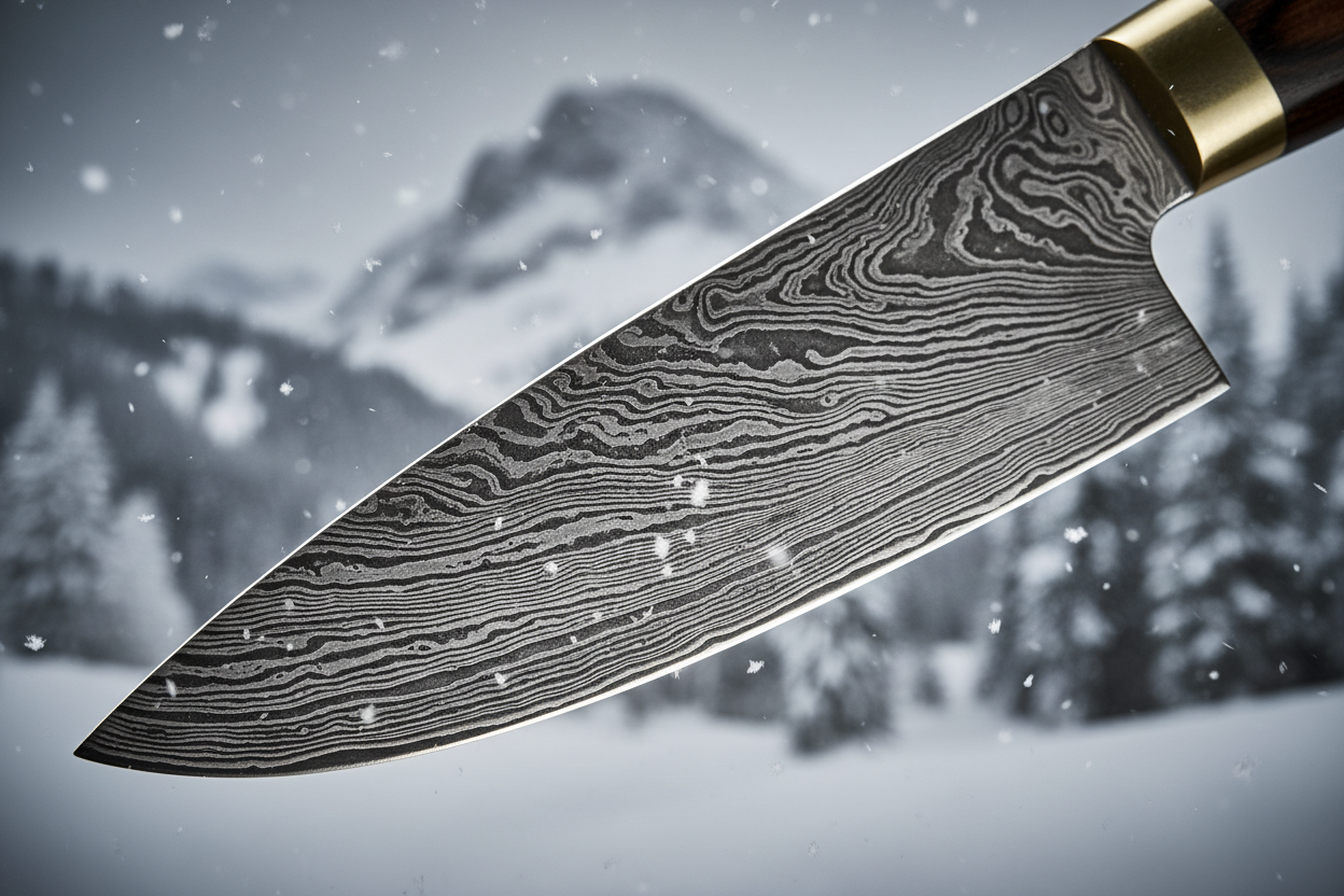Kegani Damascus Blade Macro Alpine-Blade Close-Up — "Close-up of Kegani Damascus chef knife blade showing intricate 67-layer steel pattern with alpine winter landscape"