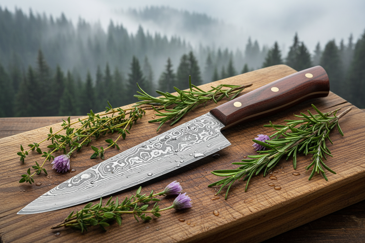 Alpine Herbs & Forest — "67-layer Damascus steel chef knife with rosewood handle surrounded by alpine herbs and misty mountain forest"
